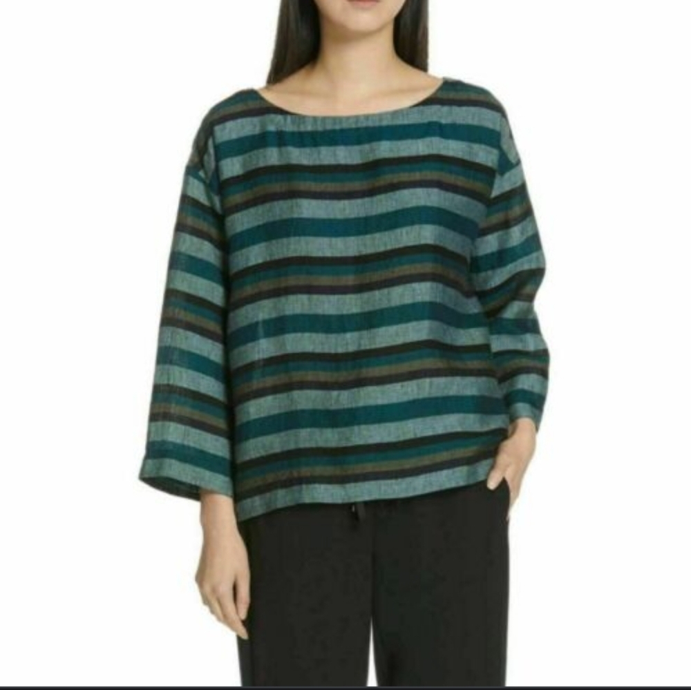Eileen Fisher Teal and Black Striped Boatneck Top
